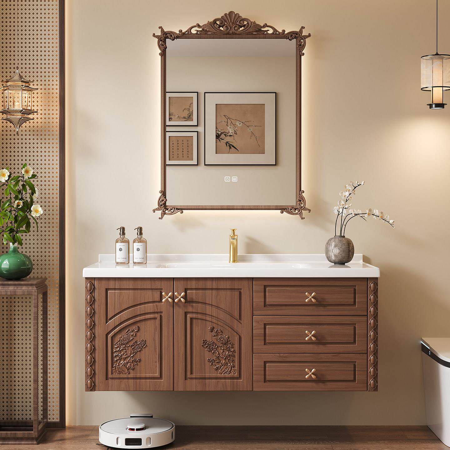 宋氏美学中古风浴室柜组合卫生间陶瓷一体实木洗手脸盆机器人定制