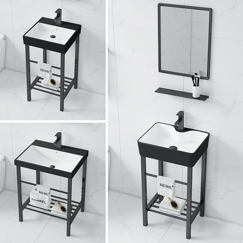 阳台落地式黑色不锈钢支架洗手盆一体陶瓷卫生间洗脸盆简约洗漱池