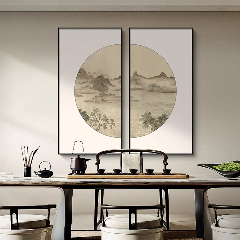 新中式客厅茶室背景墙装饰画书房办公室水墨山水挂画玄关组合壁画
