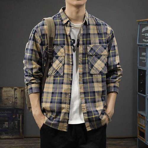 Men's Long Sleeve Flannel Plaid Western Snap Shirt- Natural