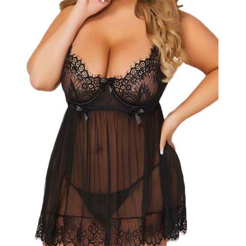 M-3XL Plus Size Dress Women Black Lace Sleepwear Super Sexy