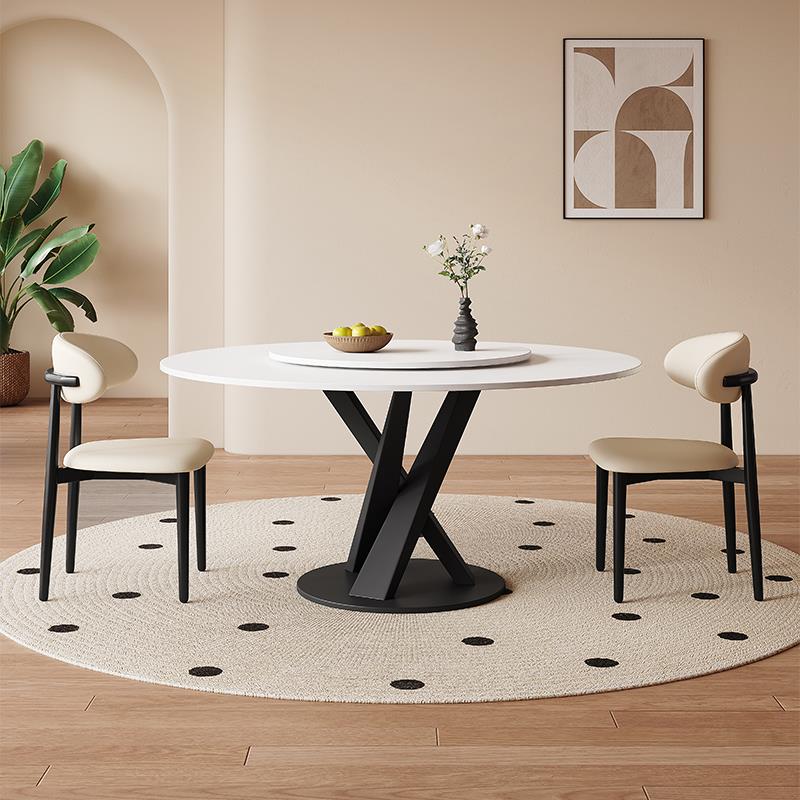 轻奢岩板亮光餐桌椅组合现代简约家用小户型圆桌带转盘圆形吃饭桌
