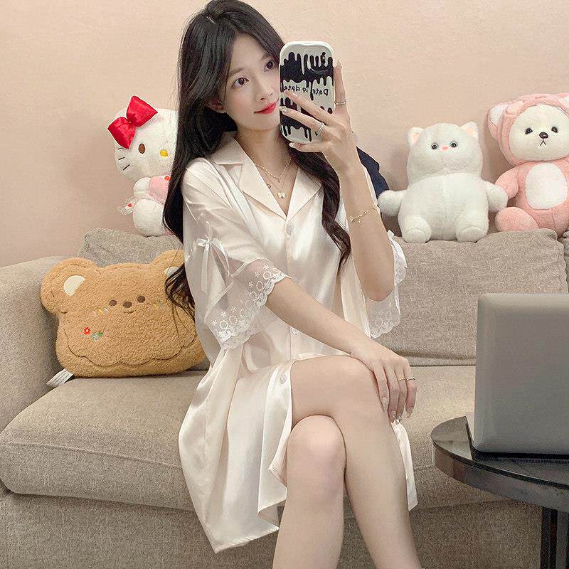 睡裙夏季女款2026新款短袖冰丝韩版中长版睡衣夏天衬衫家居0414r
