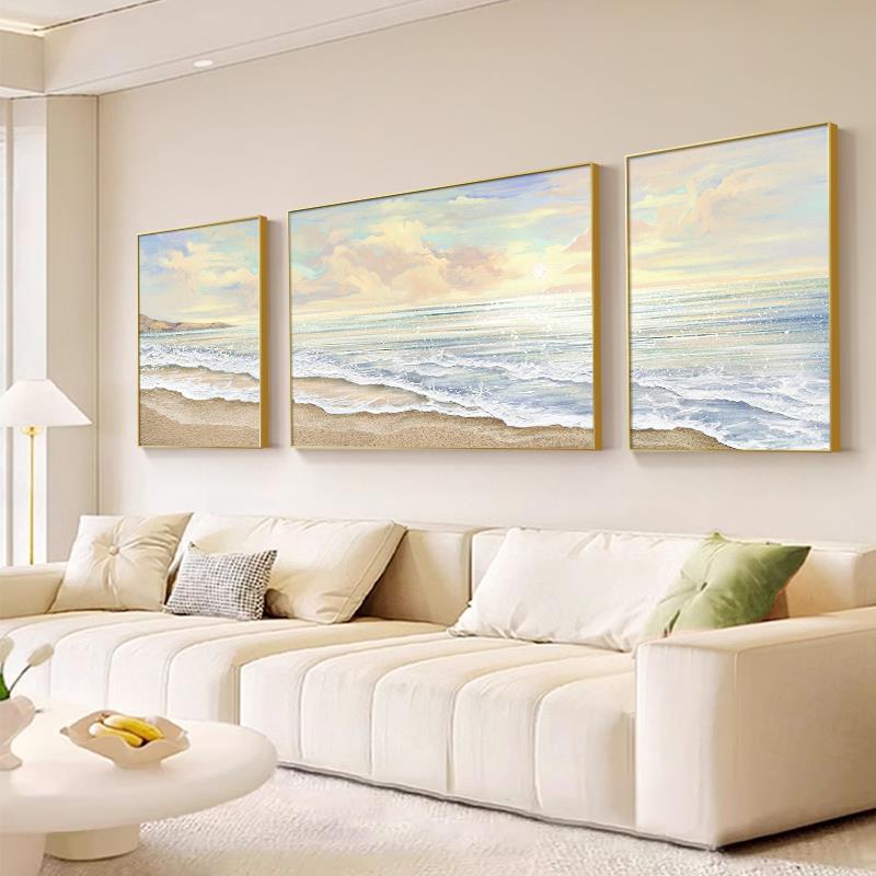 奶油风客厅装饰画现代简约日出海景大气三联画壁画沙发背景墙挂画