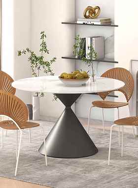 奶油半风白岩板餐桌家用饭桌轻奢简精致纯小户型圆形餐88735桌椅