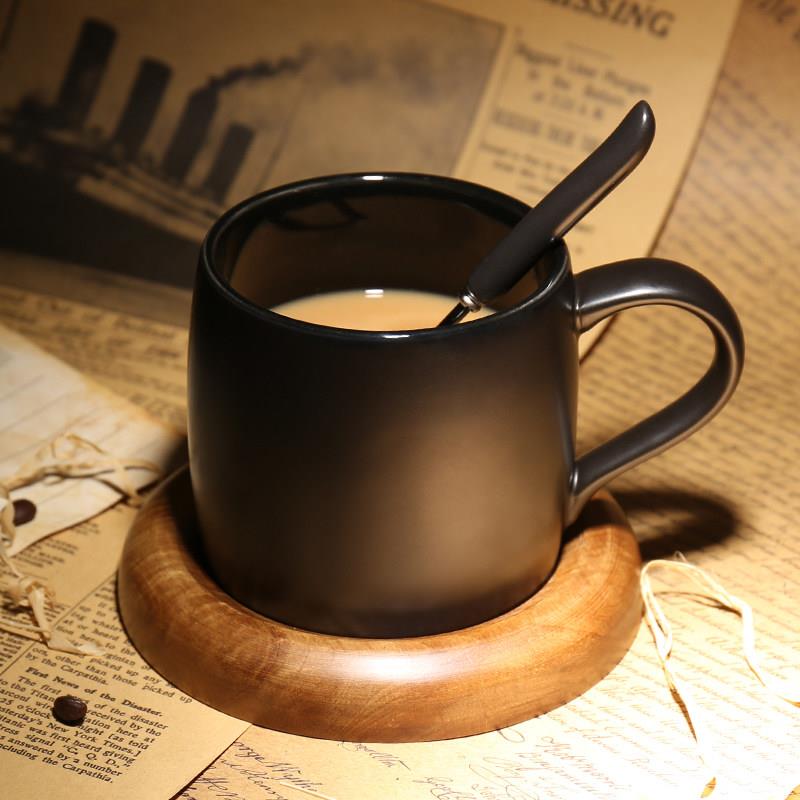 欧式咖啡厅磨砂马克杯带勺 黑色咖啡杯配底座创意简约陶瓷水杯子