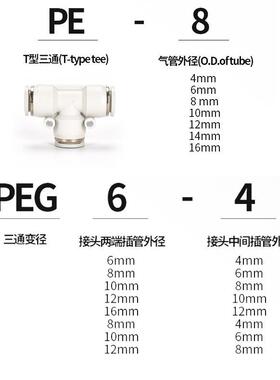 气动三通接头 53T白色黑色塑料气管快快插接头速变径PE6型/8/10/1