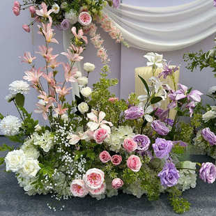 新款花森系粉紫地排花排千代兰婚庆背景装饰布置路引花订婚宴