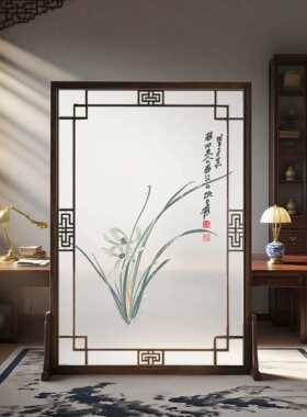半透明纱布画实木花格入户玄关隔断茶室展厅书房兰花双面刺绣屏风
