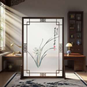 半透明纱布画实木花格入户玄关隔断茶室展厅书房兰花双面刺绣屏风