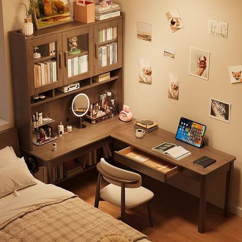 佛山实木转角书桌书架一体书柜组合学生L型学习桌卧室靠墙拐角