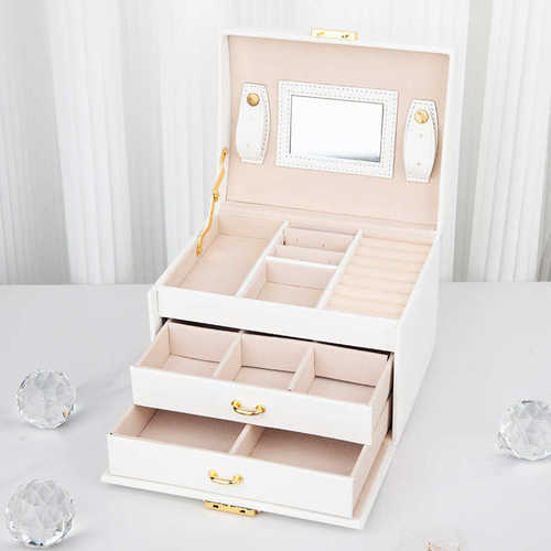 多层带锁高档首饰盒带镜款珠宝收纳盒多功能抽屉首饰盒饰品收纳盒