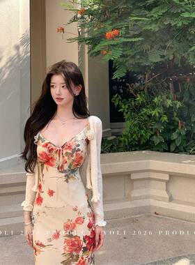 YOLI 张宥利 落日玫瑰 黄色V领印花连衣裙女春温柔风修身显瘦长裙