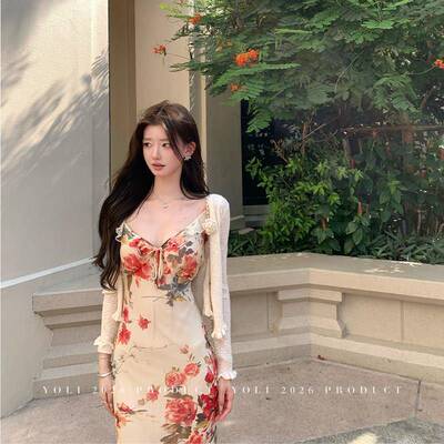 YOLI 张宥利 落日玫瑰 黄色V领印花连衣裙女春温柔风修身显瘦长裙