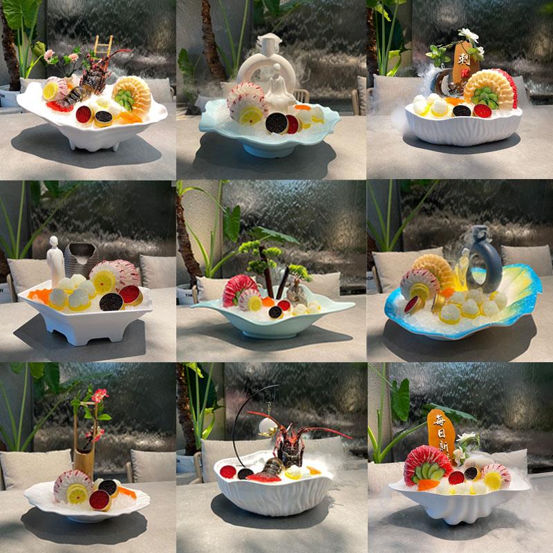 创意密胺刺身拼盘鱼盘海鲜干 干冰盘鲑鱼盘日韩料理自助餐盘商用