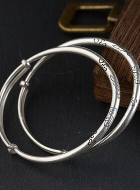 -网红 990足银复古哑手光银泰镯子 女款蝴蝶花纹推拉口银镯