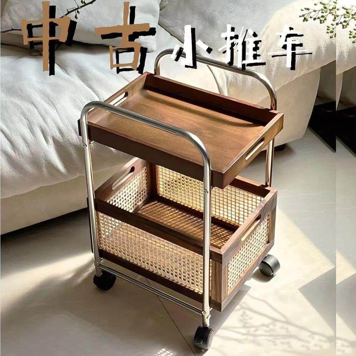 实木可移动边几收纳中古小推车客厅茶几置物架零食置物架藤编覆古