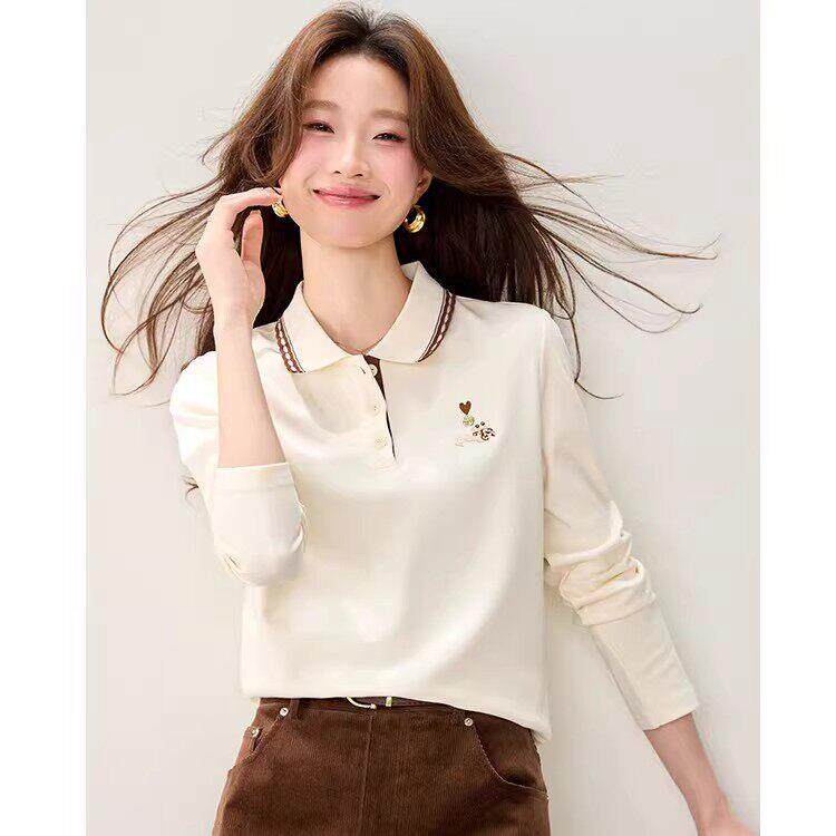 香港TIMO纯棉POLO领长袖t恤女春秋宽松显瘦减龄气质漂亮女士上衣