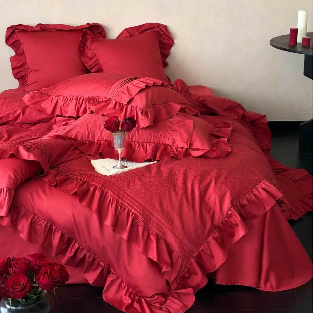 浪漫玫瑰花澳棉婚庆四件被套纯棉用红色结婚UTD提喜花边被套床上