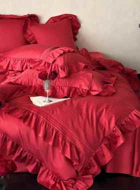 浪漫玫瑰花澳棉婚庆四件被套纯棉用红色结婚UTD提喜花边被套床上