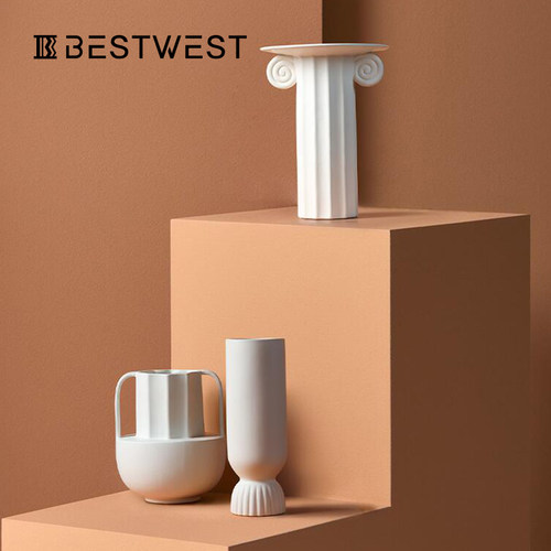 Best west 北欧ins风高档陶瓷罗马柱花瓶摆件 样板间软装家居饰品