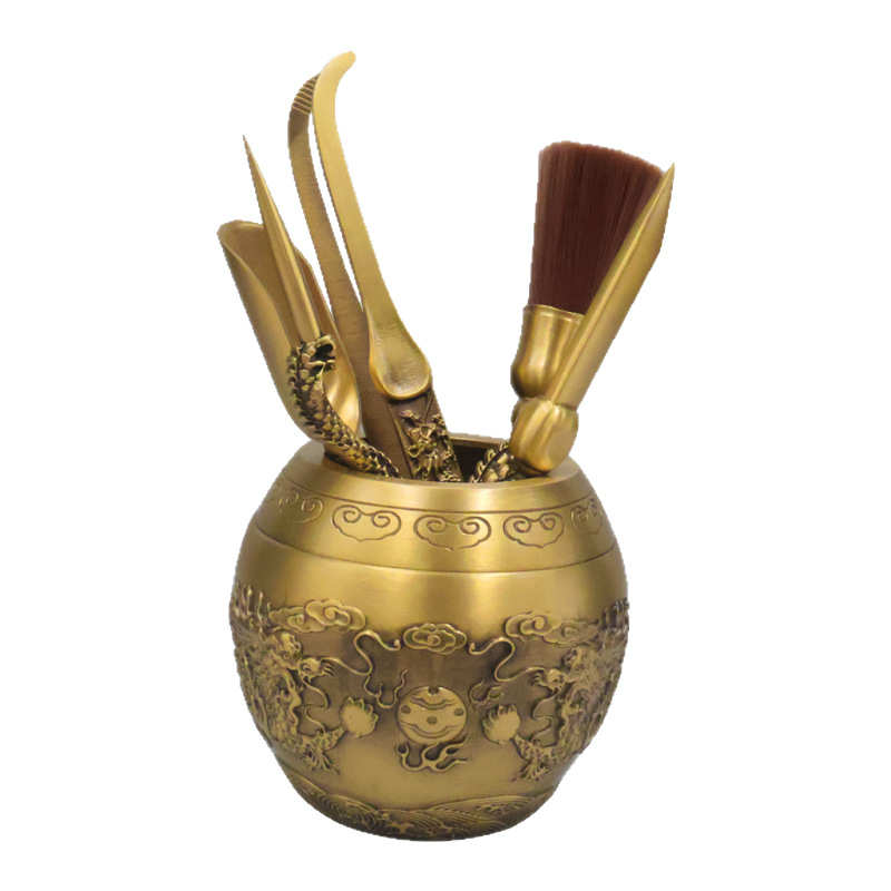 黄铜浮雕双龙茶道六君子功夫茶具配件家居茶桌茶夹茶刷勺泡茶工具