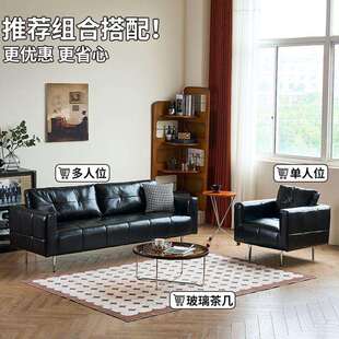 沙发古小户型公长室出租屋条懒办人可躺QUI黑色油蜡皮复客厅三人