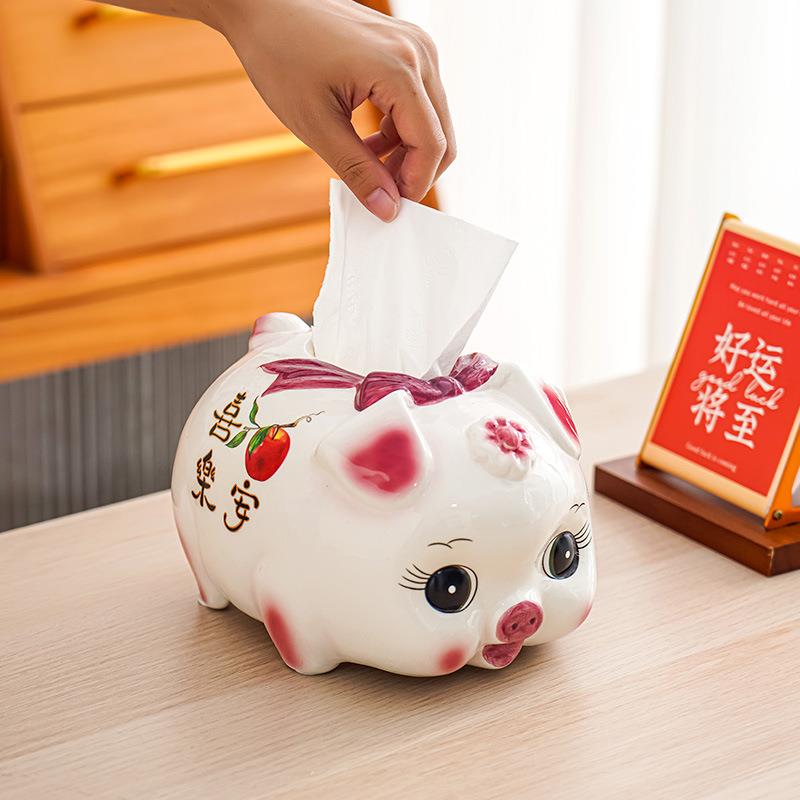 小猪纸巾盒创意平安喜乐抽纸盒家用客厅桌面装饰摆件陶瓷餐巾纸盒