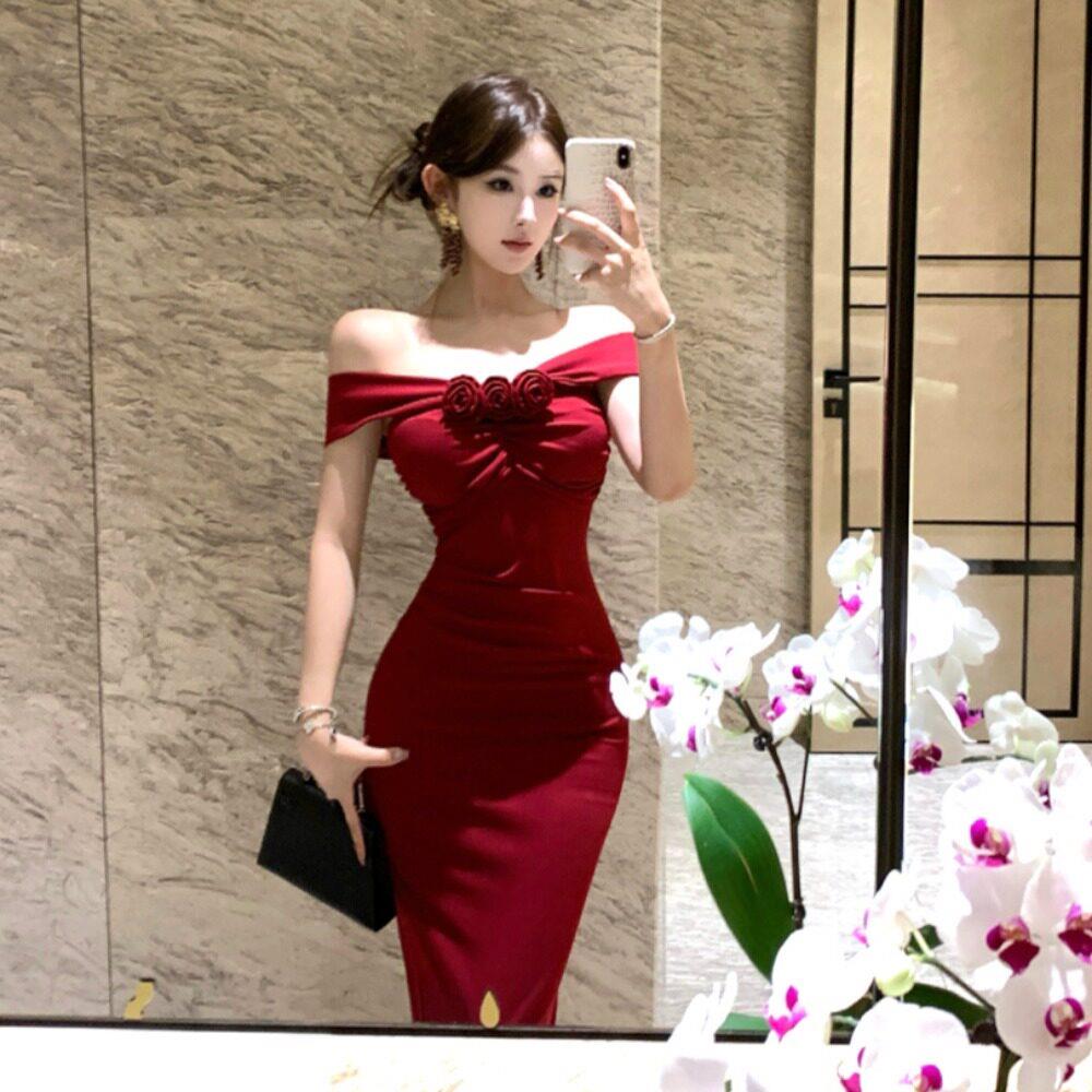 法式高级性感一字肩连衣裙女敬酒服生日红色晚礼服包臀长裙