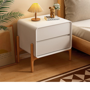 床头柜新款 奶茶风实木床边柜现代简约小型皮质卧室收纳柜子