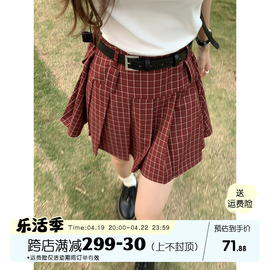 馨帮帮 自制百褶裙学院风短裙a字夏季美式复古红色格子半身裙女