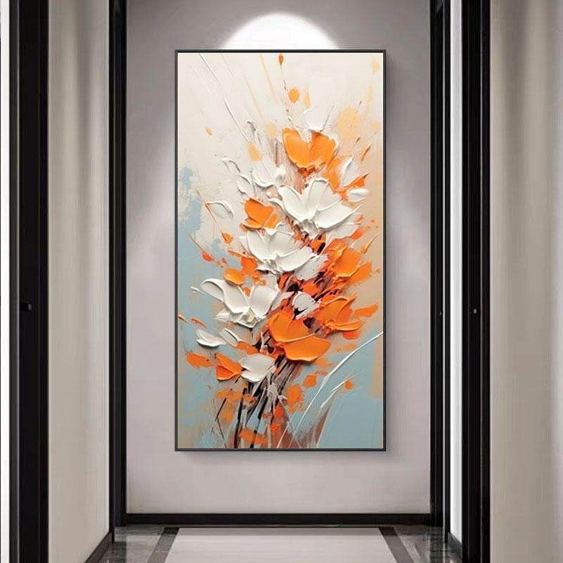 顺丰纯手绘油画高端橙色厚油轻奢入户装饰画走廊过道竖款壁画客厅