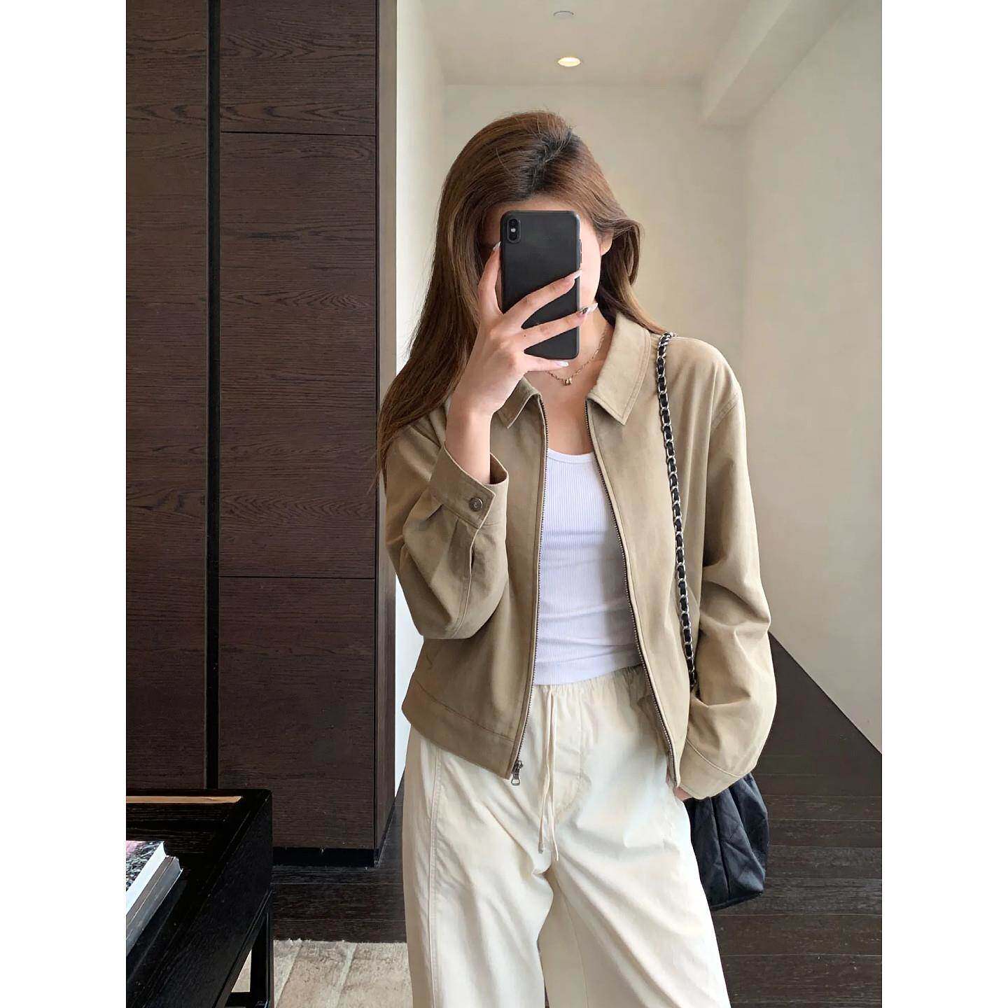 韩国美式巴恩风免熨烫短款工装外套女春秋新款小个子时尚通勤夹克