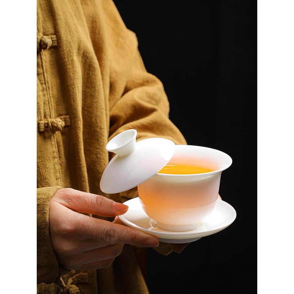景德镇汝窑德化白瓷手工陶瓷盖碗茶杯大号泡茶三才碗羊脂玉茶碗套