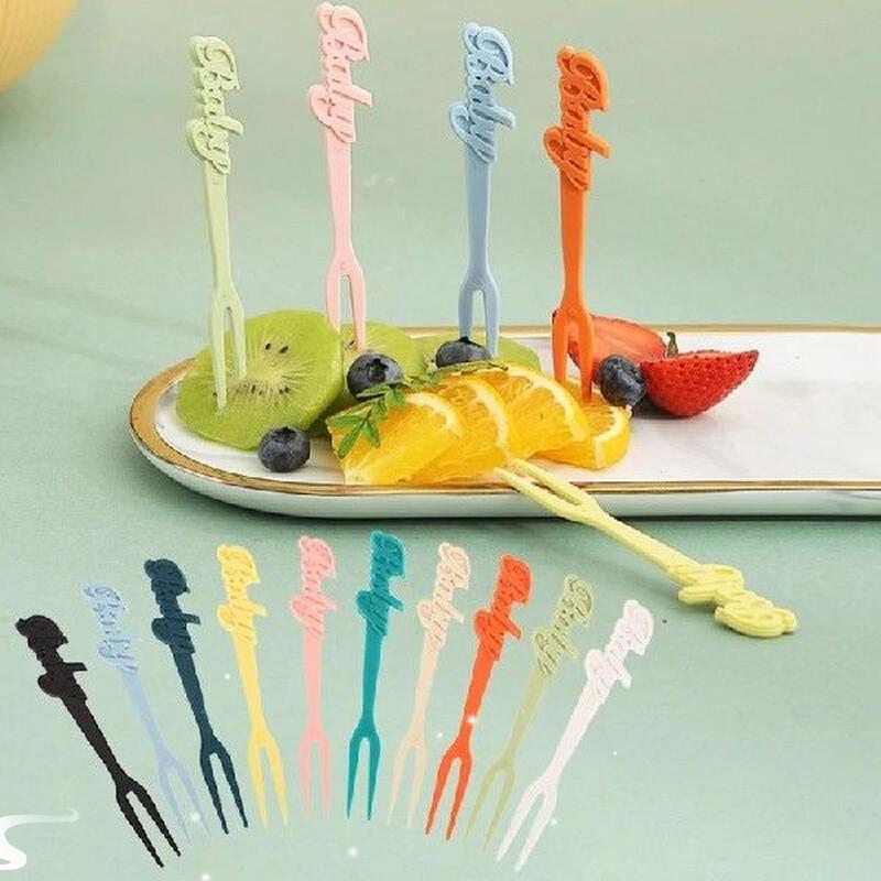 10Pcs Plastic Fruit Fork Solid Color Cake Fork Mooncake