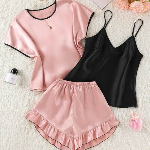 Pajama black powder three strap ruffle edge shorts set,