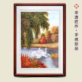 有福湘绣狐狸鸭兔子鹰，天鹅客厅装饰画，欧式卧室床头油画美式壁画