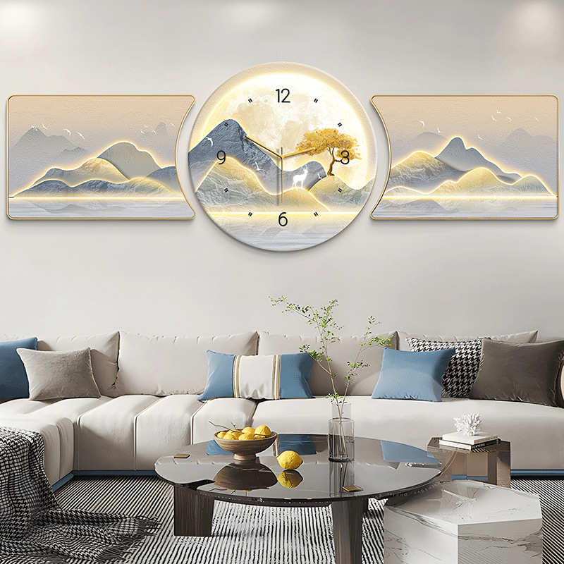 客厅钟表墙新款沙发装饰画壁画鱼背景挂钟图壁画画九2024三联挂画