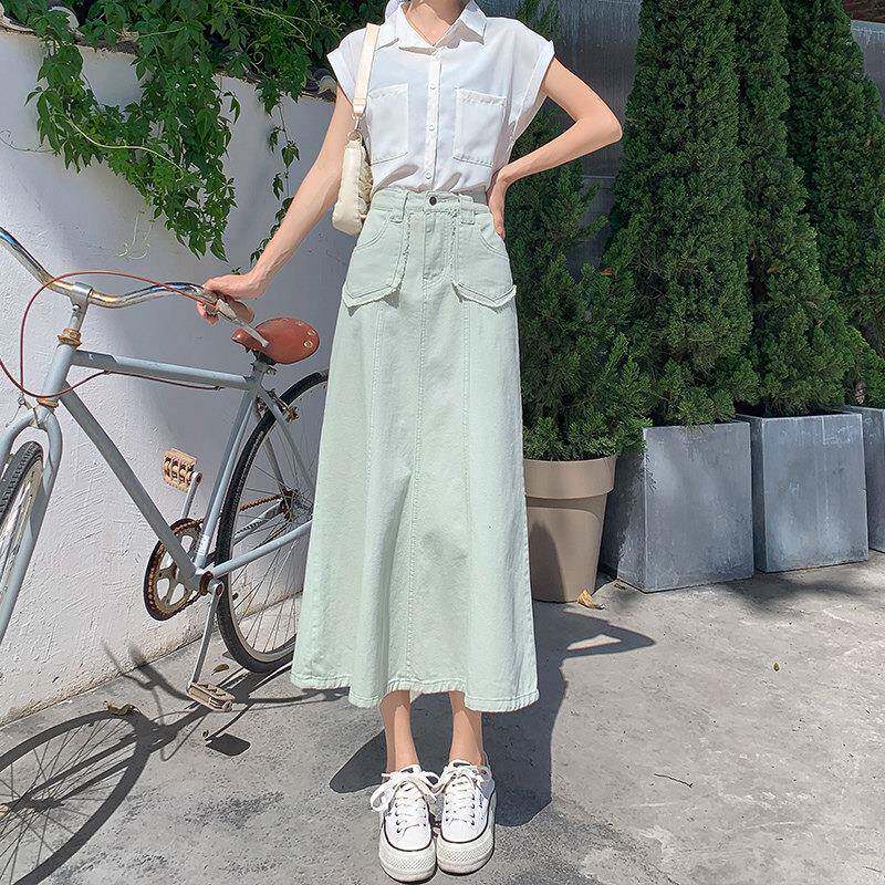 薄荷绿半身裙女夏季2026新款中长款牛仔裙高腰显瘦a字包臀长裙子