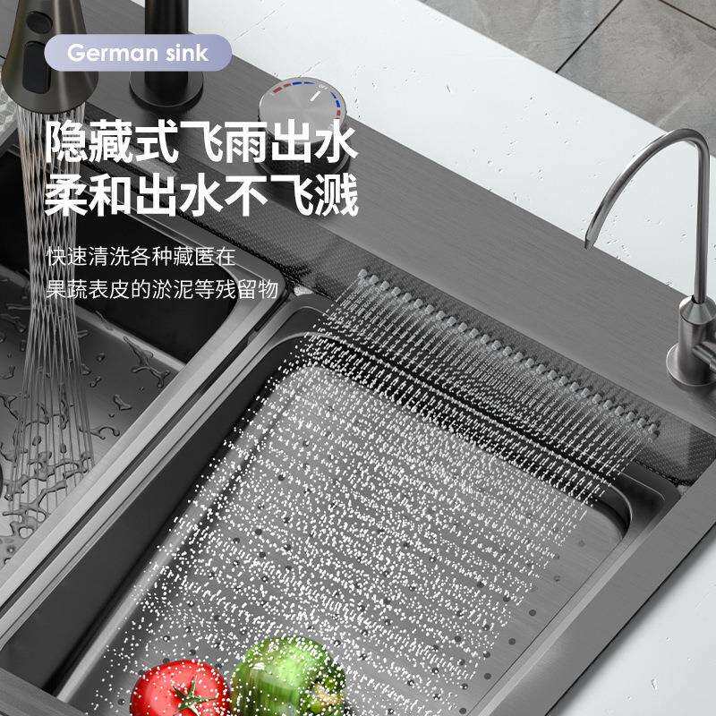 水槽不锈钢瀑布台式大单槽水槽米粒压纹厨房洗菜洗碗一体台上中盆