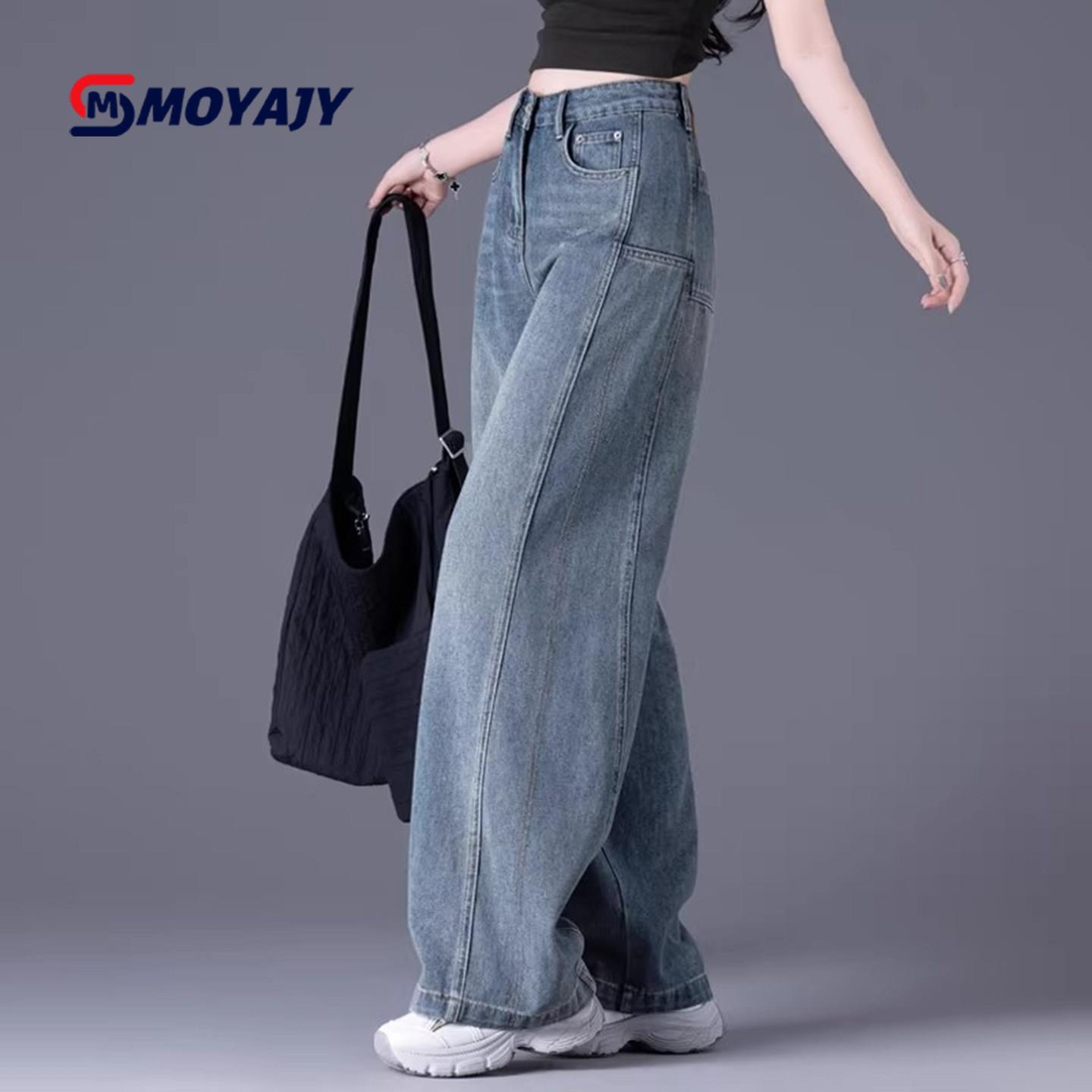 MOYAJY品牌2026春秋季拼接复古牛仔裤女高腰美式弯刀裤镰刀阔腿裤