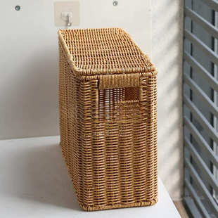 窄高型带盖收纳箱家用缝隙杂志筐藤编墙角沙发边角储物盒