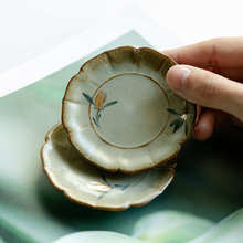 仿古描金纯手绘蝴蝶兰花杯垫茶杯托复古陶瓷隔热垫茶道零配件