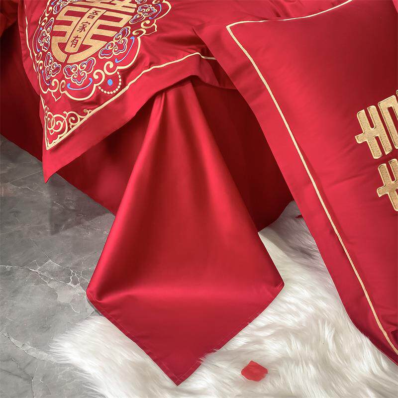 新款欧式2022019绣婚四庆件套加大刺套水洗磨毛大红刺绣4件绣花三