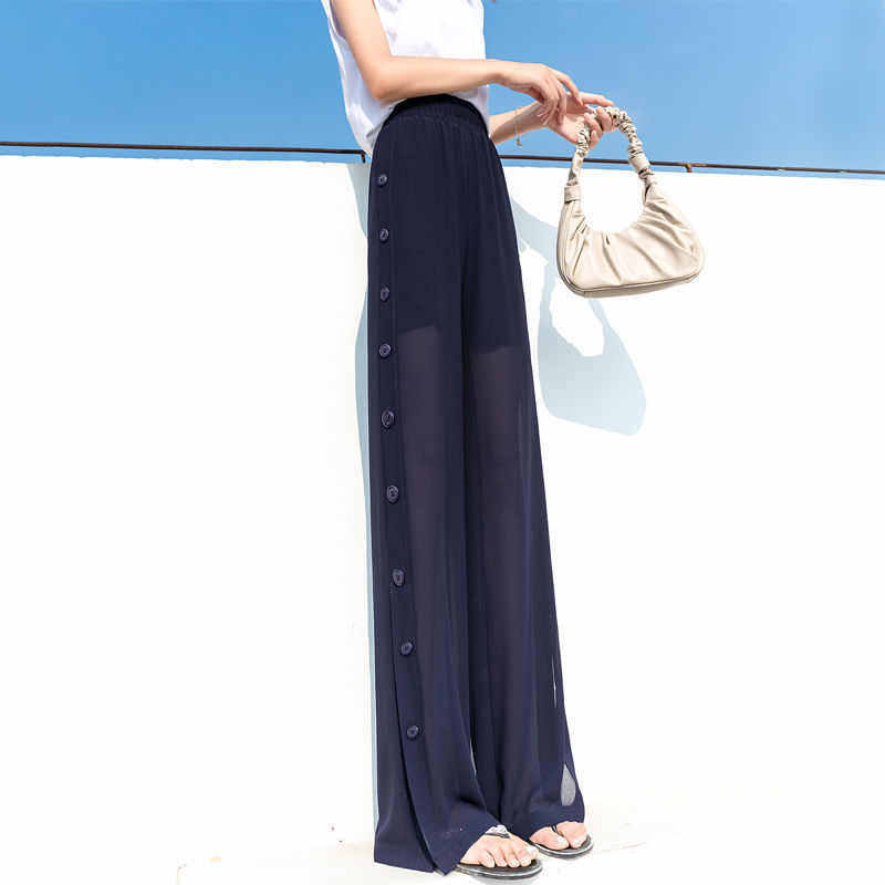 冰丝阔腿裤女夏季薄款高腰垂感拖地裤显瘦雪纺宽松直筒开叉防蚊裤