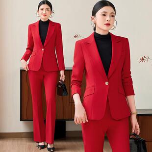 大红色高端职业西装套装女中国红秋冬气质女士小西服修身年会正装