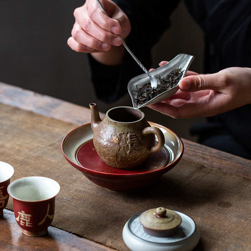 山楂红点金壶承 复古日式干泡台 储水护垫功夫茶具紫砂壶盖碗托盘
