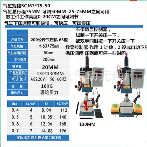 SCJ63X75-50小型气动压力机 200公斤出力气动压床