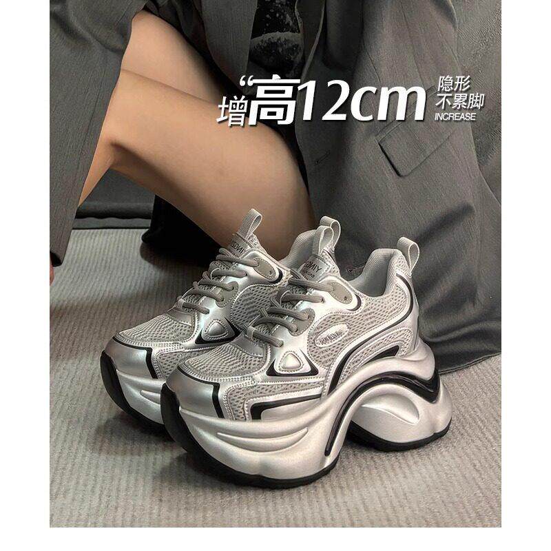 明星老爹鞋矮子乐女2025春秋厚底隐形内增高12cm网面小个子松糕鞋