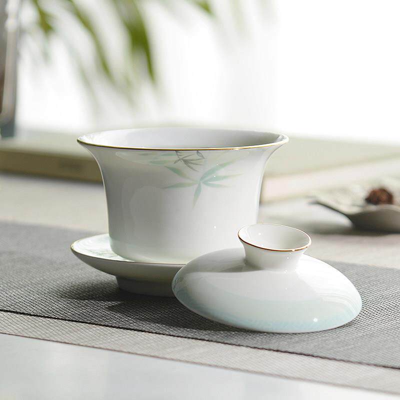 华光国瓷骨瓷茶盖碗泡茶碗 三才盖碗家用大号泡茶碗带盖子防烫 青